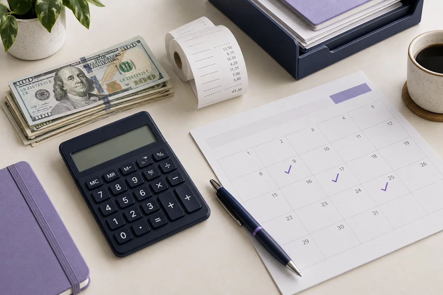 Dólares, comprobantes y calendario de cuotas organizados para la cobranza. Imagen ilustrativa.